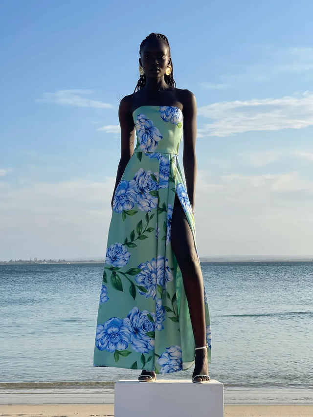 Sonya Moda Milano Gown Azzuro Verde Botanico Floral Print Size 10 - Dresses