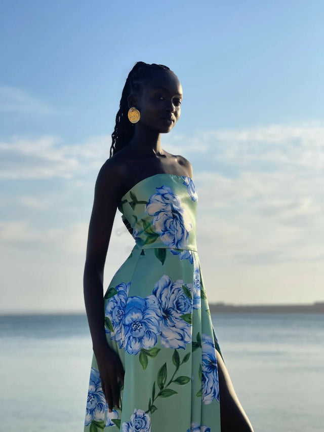 Sonya Moda Milano Gown Azzuro Verde Botanico Floral Print Size 10 - Dresses