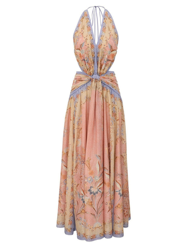 Zimmermann Indra Plunge Halter Maxi Dress in Pink Scarf
