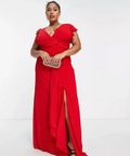 TFNC Plus Bridesmaid Flutter Sleeve Ruffle Detail Maxi Dress Navy/Emerald/Red - Dresses