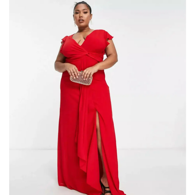 TFNC Plus Bridesmaid Flutter Sleeve Ruffle Detail Maxi Dress Navy/Emerald/Red - Dresses