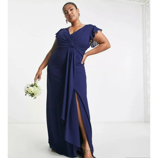 TFNC Plus Bridesmaid Flutter Sleeve Ruffle Detail Maxi Dress Navy/Emer