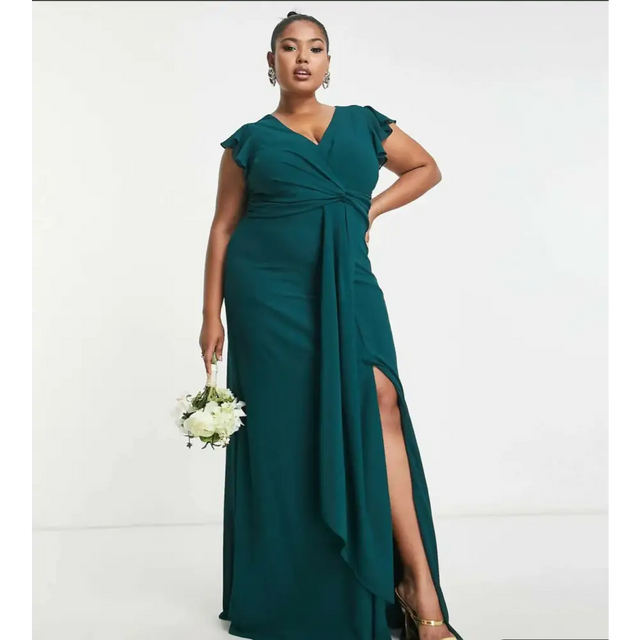 TFNC Plus Bridesmaid Flutter Sleeve Ruffle Detail Maxi Dress Navy/Emerald/Red - Dresses