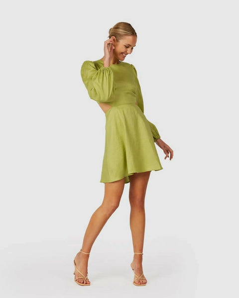 The Wolf Gang Safi Linen Cut Out Mini Dress Green