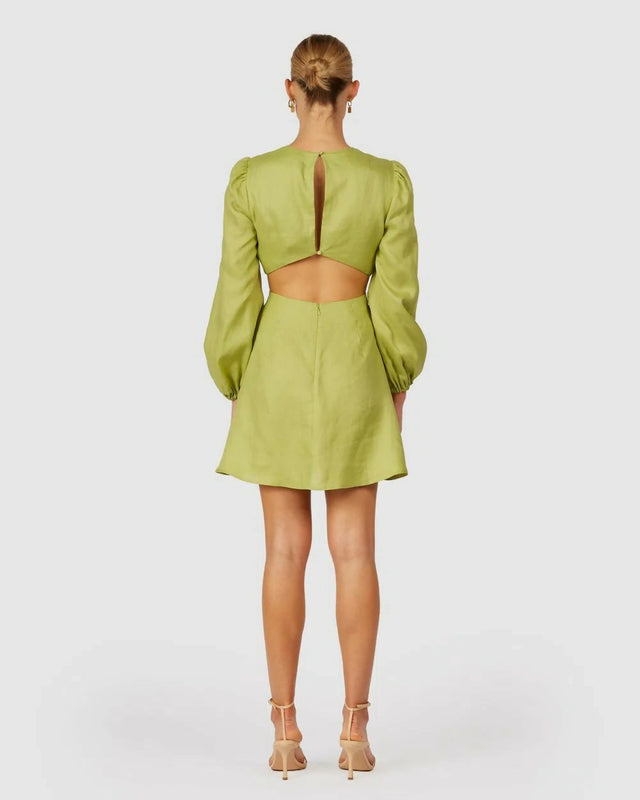 The Wolf Gang Safi Linen Cut Out Mini Dress Green - 10 / Green - Dresses