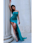 Tina Holly Teal Silk Satin Asymmetrical Neck Line - Dresses