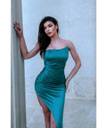 Tina Holly Teal Silk Satin Asymmetrical Neck Line - Dresses