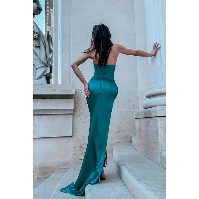 Tina Holly Teal Silk Satin Asymmetrical Neck Line - Dresses
