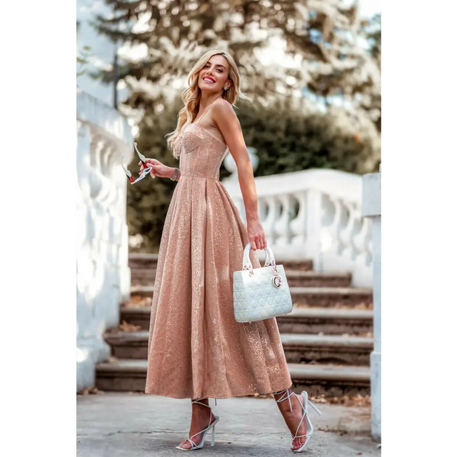 Tina Holly TK312 Rose Gold Sequin A-Line Midi Length Formal Dress - 8 / Rose Gold - Dresses