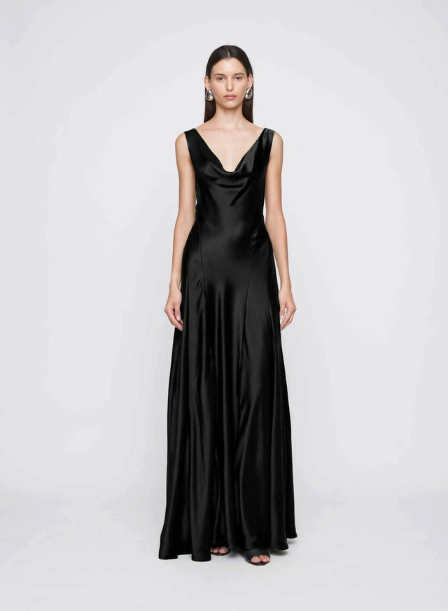 Anna Quan Keira Draped Maxi Dress Gown in Black Ink