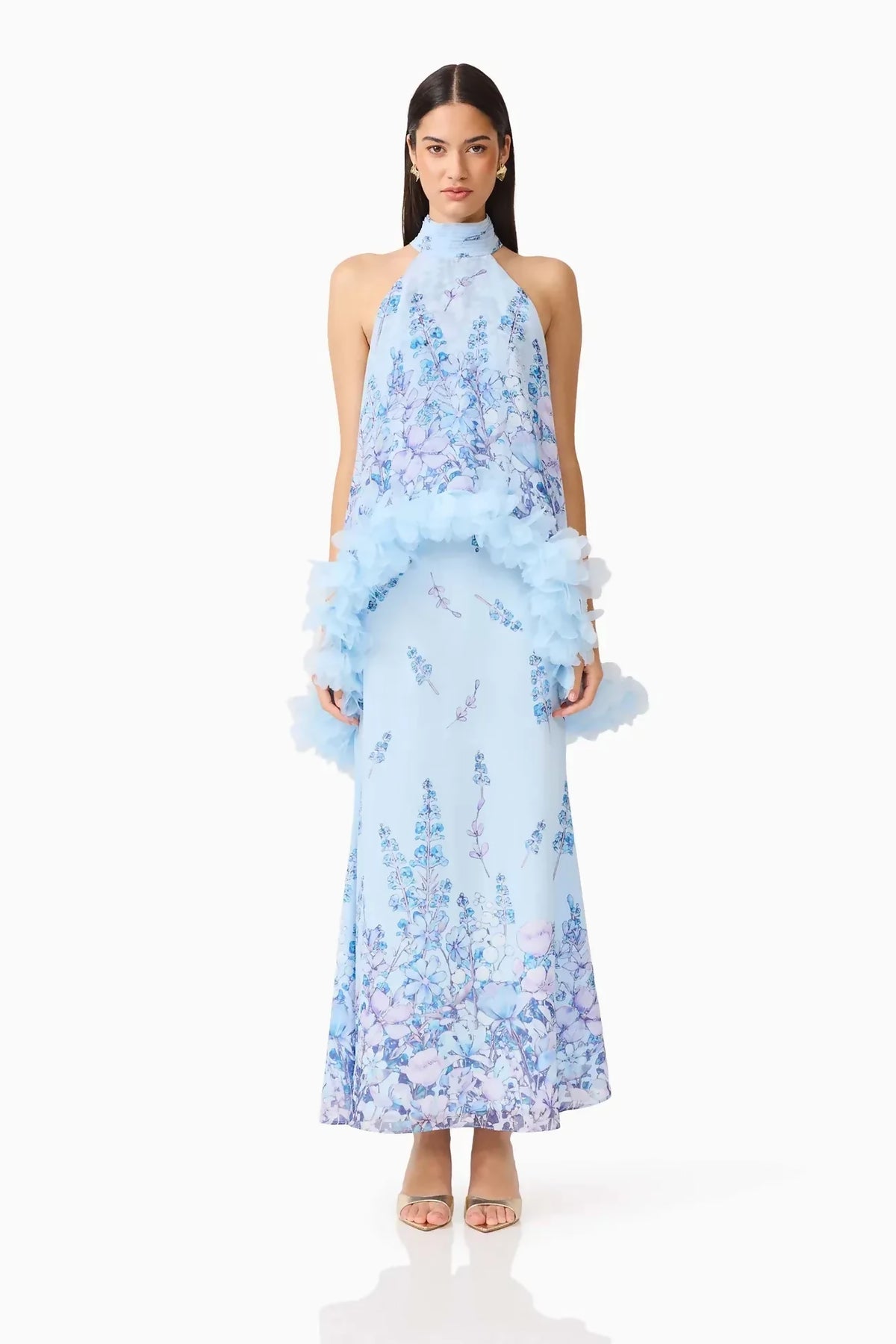 Elliatt Tulsia Floral Cape Maxi Dress in Light Blue – designer dress hire