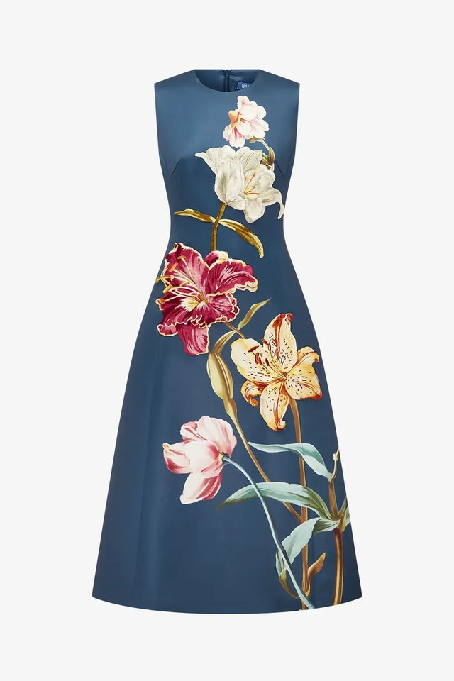 Leo Lin Cleo Embroidered Sleeveless Midi Dress - Lily Print in Indigo