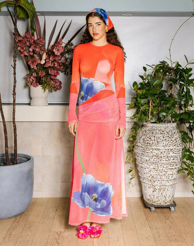 With Harper Lu Panel Maxi Dress Mesh Contrast Poppy Size 10 & 12 - Dresses