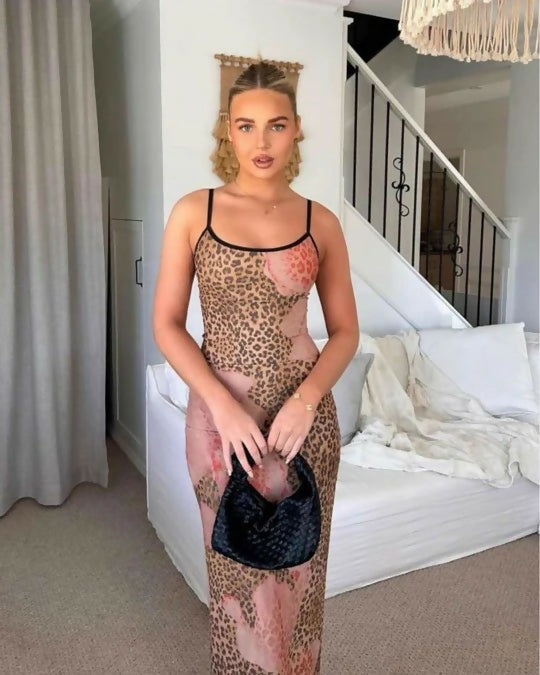 With Harper Lu Slip Dress Mesh Leopard - 8 / Print - Dresses