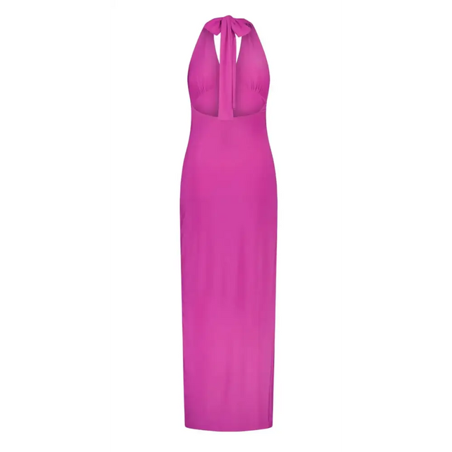 With Harper Lu V Neck Halter Maxi Dress Fuchsia | Passion For Fashion