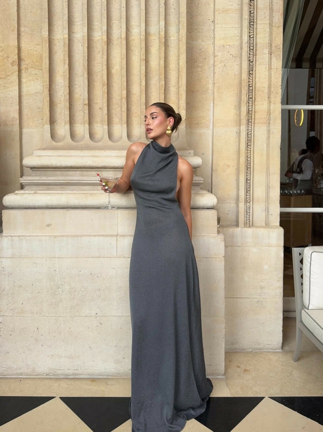 Arcina Ori Romy Dress with Train in Chrome Metallic
