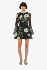 Leo Lin Bell Sleeve Mini in White Rose Print view 1