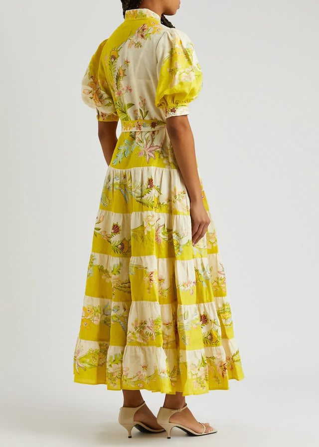Alemais Ira Tiered Midi Dress Lemon/Cream
