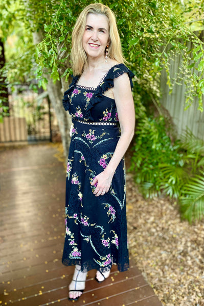 Zimmerman Black Allia Floral Cross Stitch Maxi Dress