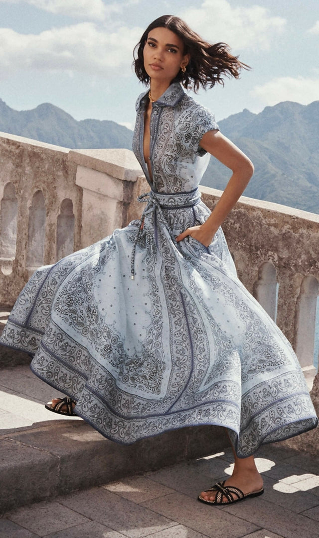 1699438058919-ZIMMERMANN-MATCHMAKER-FITTED-BLOUSE-GATHERED-MIDI-SKIRT-BLUE-BANDANA