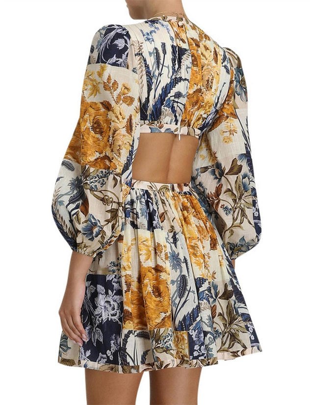 white christmas dresses Zimmermann Aliane Cut Out Short Dress in Patchwork Floral