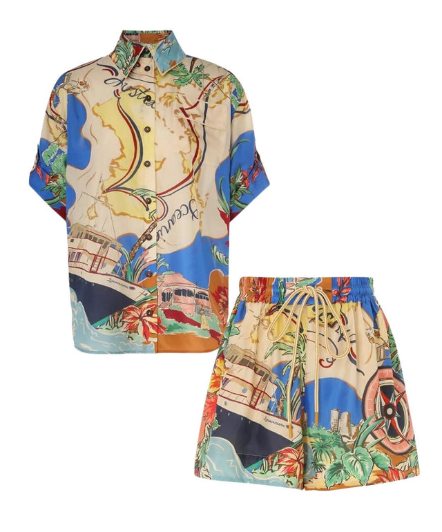 Zimmermann - Zimmermann Alight Short Sleeve Shirt and Draw Waist Short in Nautical Map