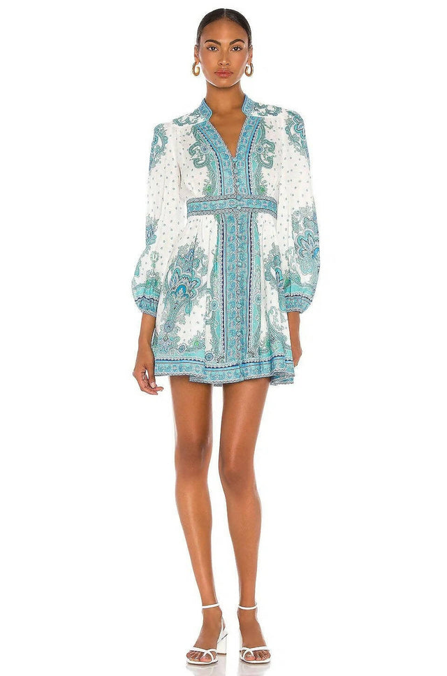 Zimmermann Bells Paisley Mini Dress Blue and White - 12 / Print - Dresses