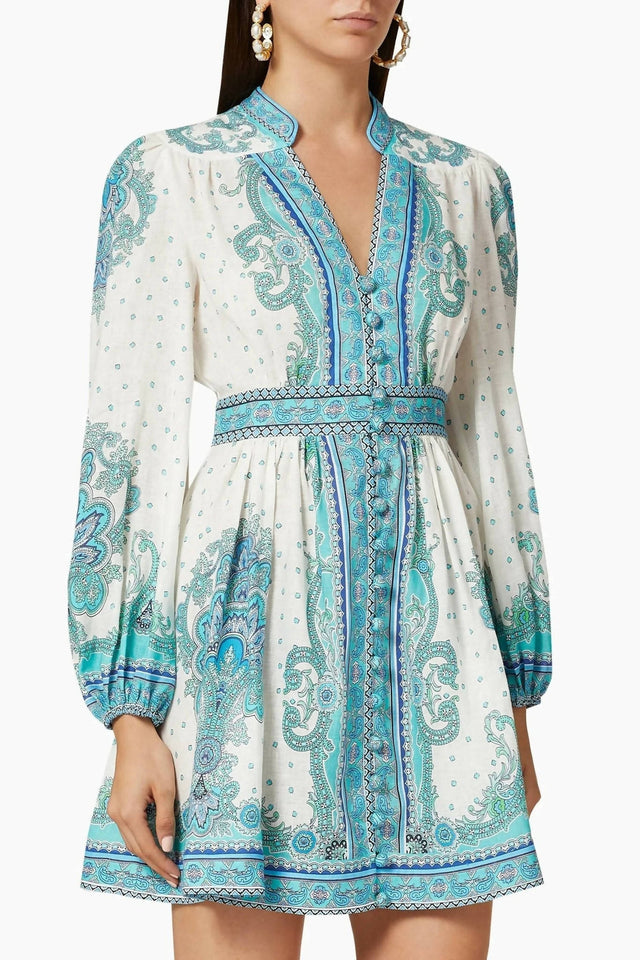 Zimmermann Bells Paisley Mini Dress Blue and White - 12 / Print - Dresses