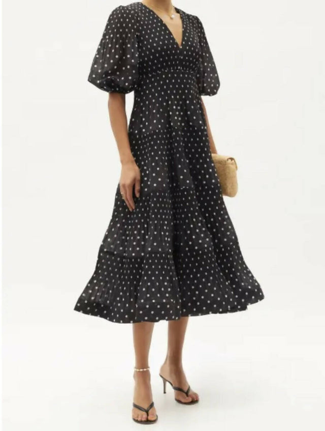 Zimmermann Black and White Polka-Dot Voile Midi Dress with Puff Sleeves - 10 / Black - Dresses