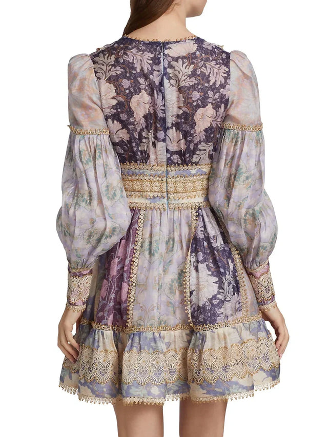 Zimmermann Celestial Lace Panelled Mini Dress Purple Floral Size 1 / A