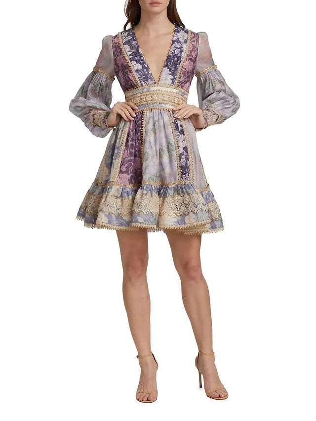 Zimmermann Celestial Lace Panelled Mini Dress Purple Floral Size 1 / A | Passion For Fashion Zimmermann Celestial Lace Panelled Mini Dress Purple Floral Size 1 / A | Passion For Fashion