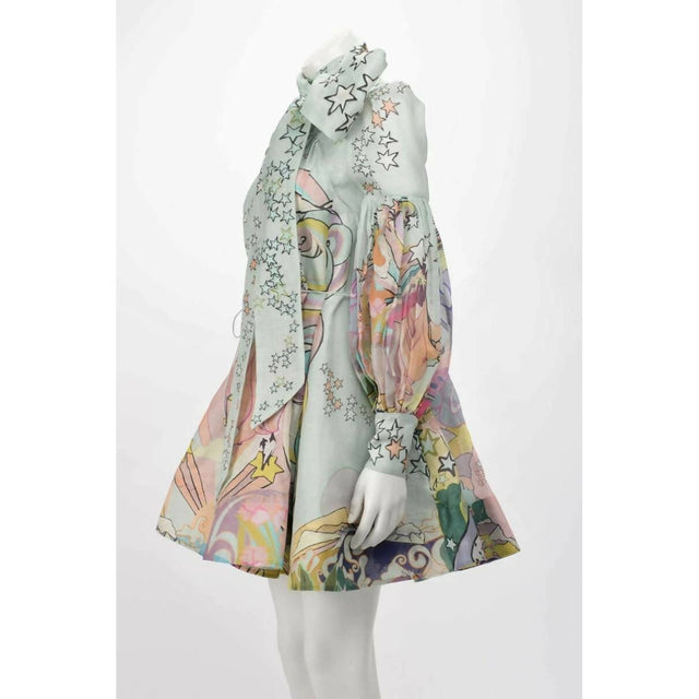 Zimmermann Concert Tie Neck Mini Dress in Mint Collage