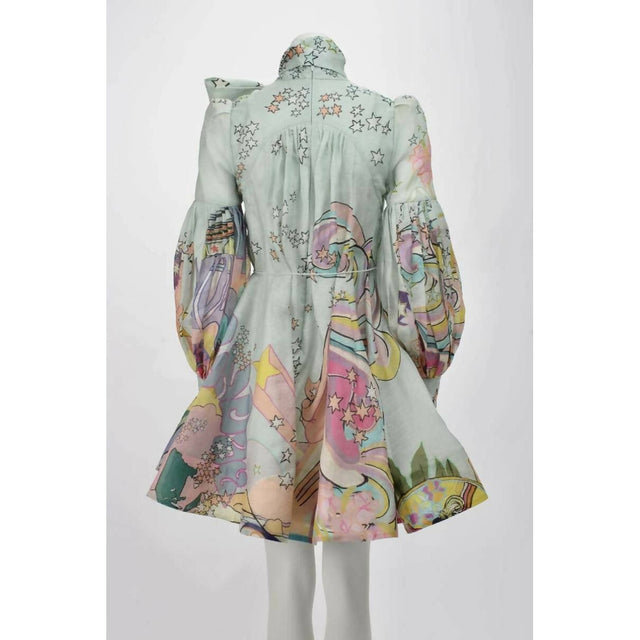 Zimmermann Concert Tie Neck Mini Dress in Mint Collage