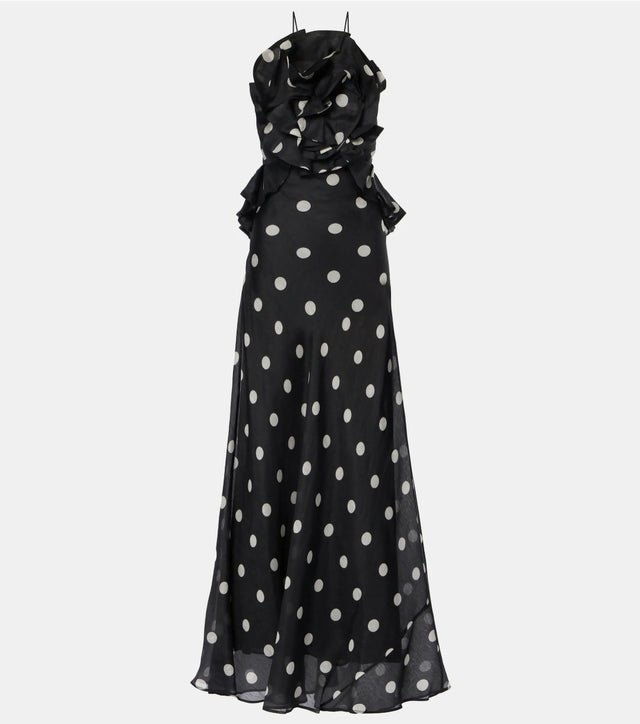 Zimmermann Crush Ruffle Halter Maxi Dress Black/Cream Dot 3/AU14 - Dresses