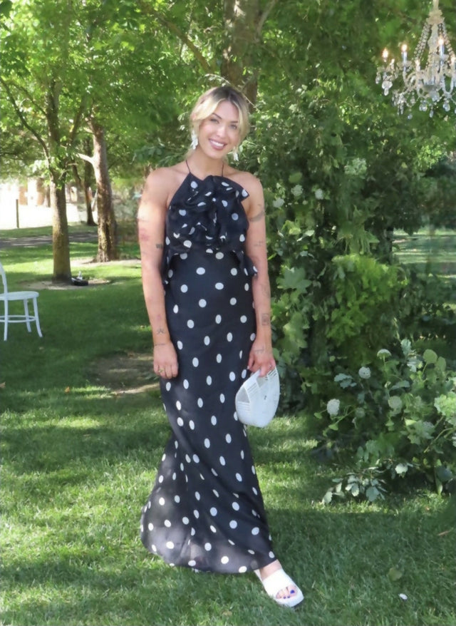 Zimmermann Crush Ruffle Halter Maxi Dress Black/Cream Dot 3/AU14 - Dresses