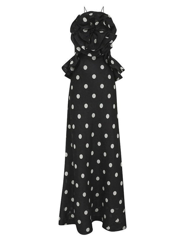Zimmermann Crush Ruffle Halter Maxi Dress in Black/Cream Dot