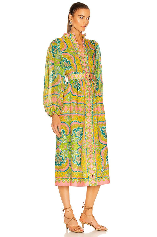 Zimmermann Estelle Buttoned Midi Dress in Pink/Green Paisley Size 4 /