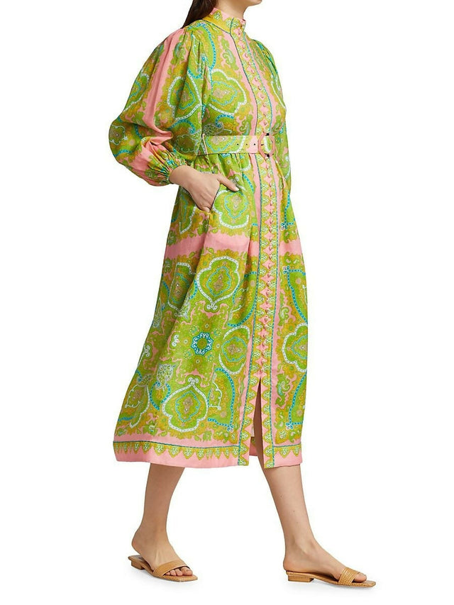Zimmermann Estelle Buttoned Midi Dress Pink/Green Paisley Size 3 / AU | Passion For Fashion Zimmermann Estelle Buttoned Midi Dress Pink/Green Paisley Size 3 / AU | Passion For Fashion
