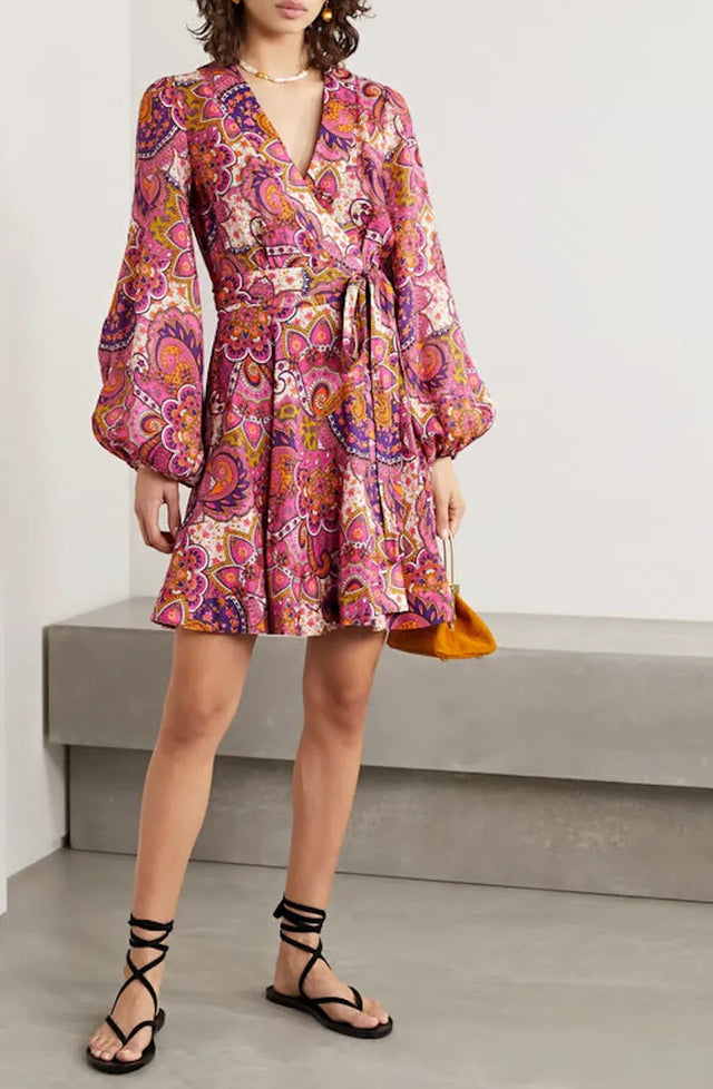 Zimmermann Fiesta Paisley-Print Linen Wrap Mini Dress Size AU 6 - 6 / Floral - Dresses