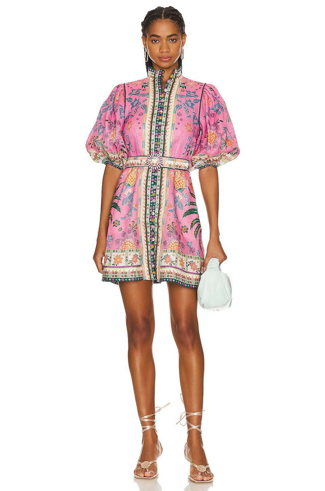 Zimmermann Ginger Buttoned Mini Dress in Pink Multi Size 1 / AU 10 - 10 / Pink - Dresses