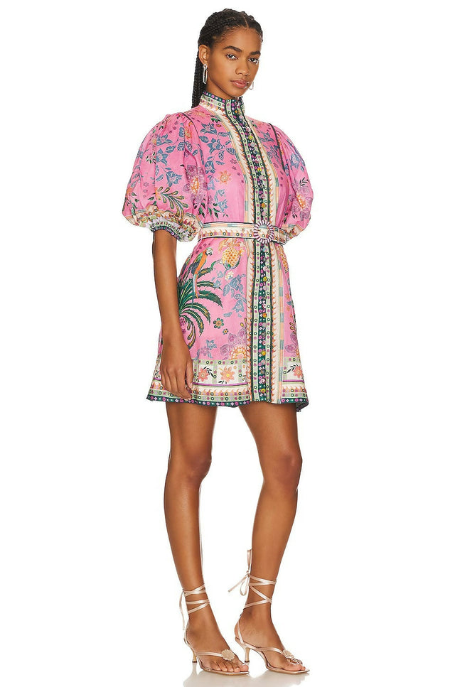 Zimmermann Ginger Buttoned Mini Dress in Pink Multi Size 1 / AU 10 - 10 / Pink - Dresses