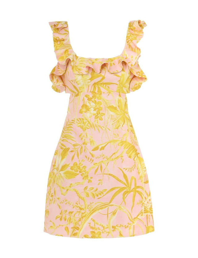 Zimmermann Golden Ruffle Mini Dress in Pink/Gold Flora - Dresses