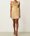 Zimmermann Golden Ruffle Mini Dress in Pink/Gold Flora - Dresses