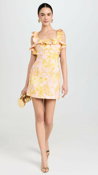 Zimmermann Golden Ruffle Mini Dress Pink/Gold Floral Size 0 | Passion For Fashion Zimmermann Golden Ruffle Mini Dress Pink/Gold Floral Size 0 | Passion For Fashion