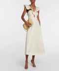 Zimmermann Halcyon Cutout Ruffled Shell Embellished Linen Midi Dress Cream Size 4/AU 16 - 16 / White - Dresses