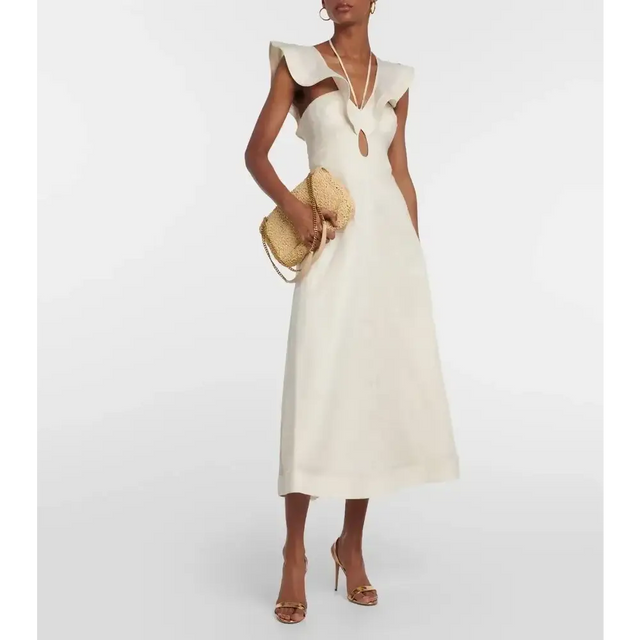 Zimmermann Halcyon Cutout Ruffled Shell Embellished Linen Midi Dress Cream Size 4/AU 16 - 16 / White - Dresses