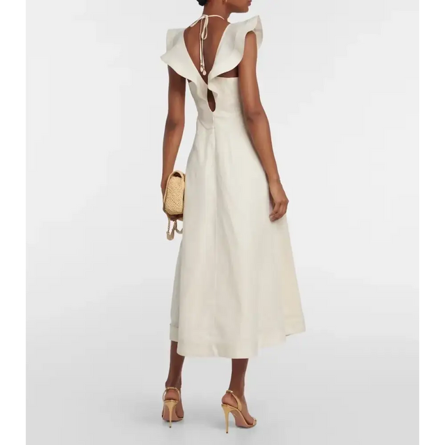 Zimmermann Halcyon Cutout Ruffled Shell Embellished Linen Midi Dress Cream Size 4/AU 16 - 16 / White - Dresses
