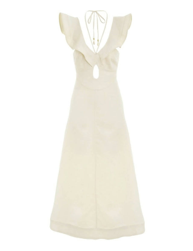 Zimmermann Halcyon Cutout Ruffled Shell Embellished Linen Midi Dress - 14 / Cream - Dresses