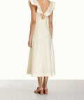 Zimmermann Halcyon Cutout Ruffled Shell Embellished Linen Midi Dress - 14 / Cream - Dresses