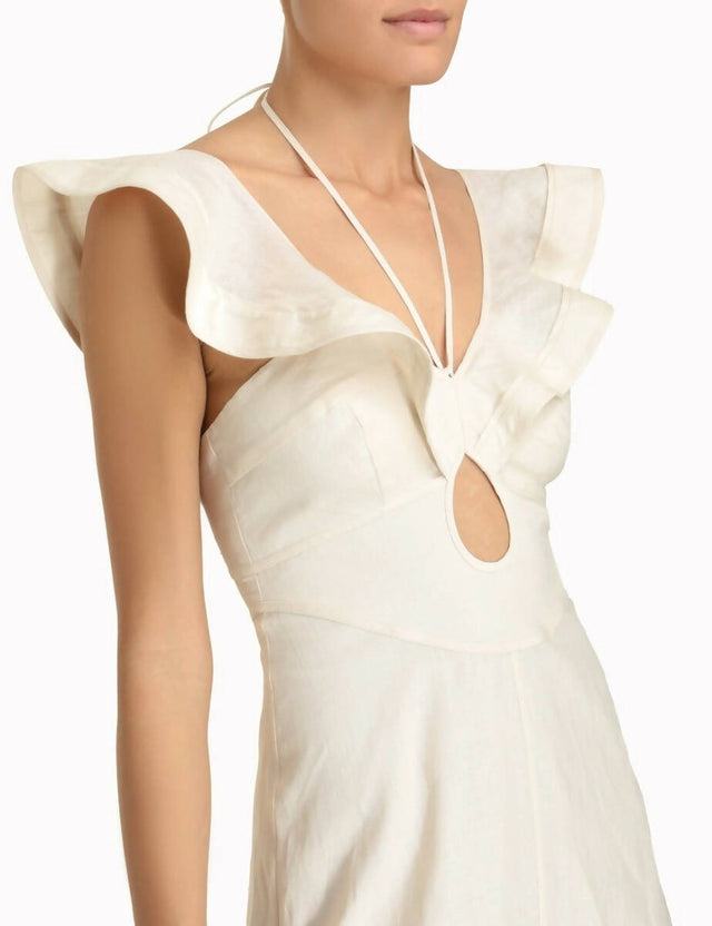 Zimmermann Halcyon Cutout Ruffled Shell Embellished Linen Midi Dress - 14 / Cream - Dresses